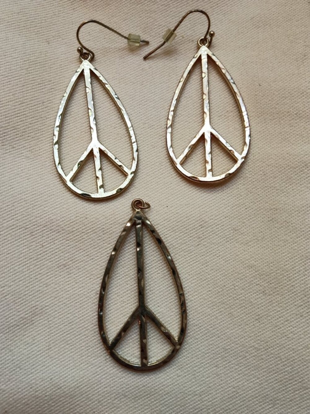 Gold Peace Sign Necklace Pendant and Earring Set